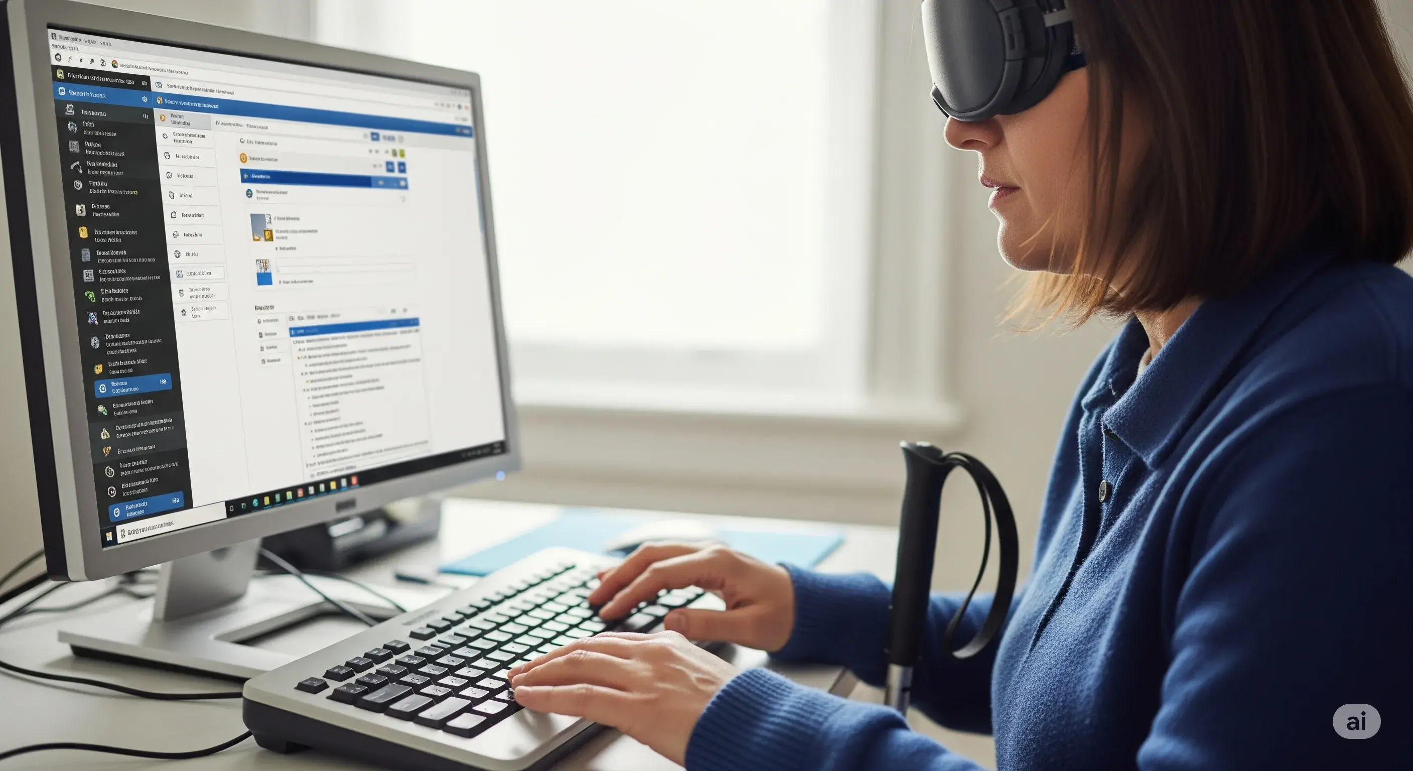 Person mit Sehbehinderung nutzt Computer mit Screenreader für barrierefreie Webseite